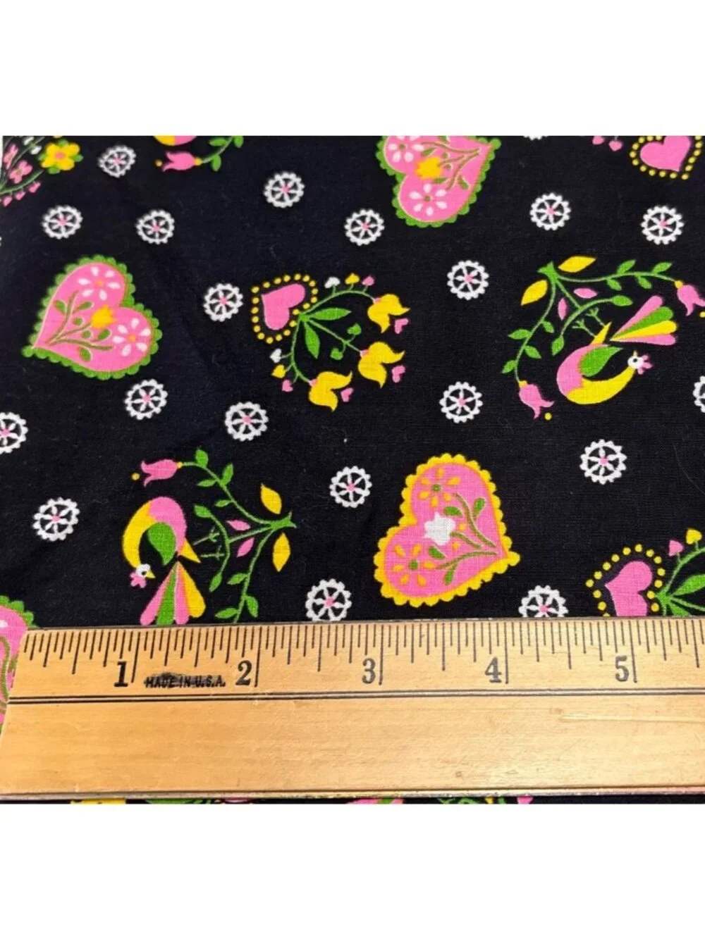 Black Cotton Fabric Colorful Bird Heart Design 1/2 yard x 44